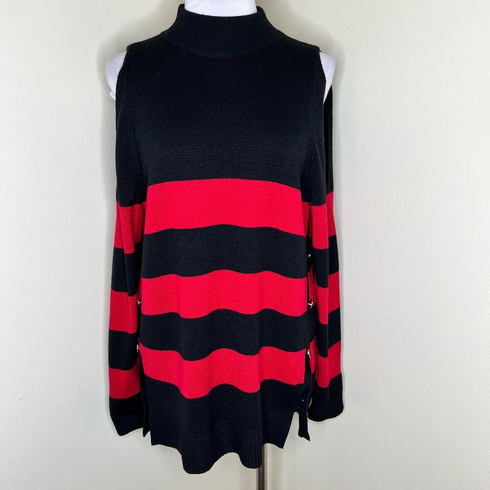 Chico's Mock Neck Sweater Large Black Red Striped Gold Button Cold Shoulder New